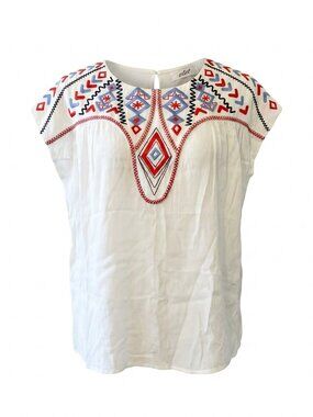Boho Embroidered Top Medium White Peasant Blouse Tribal Ethnic Festival Summer M